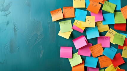 Colorful sticky notes scattered on textured teal wall