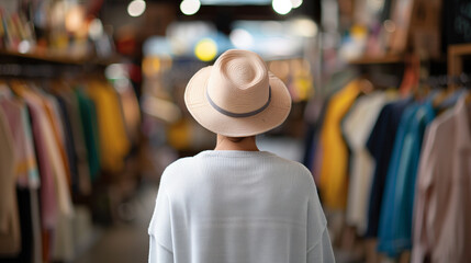 Fototapeta premium A person wearing a hat and white sweater browsing in a vibrant, well-lit clothing store.