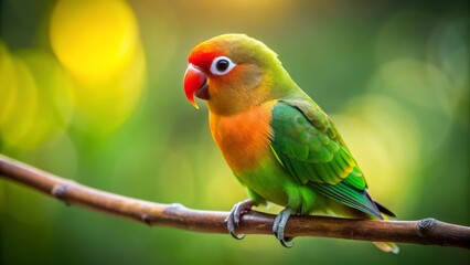 Fototapeta premium Vibrant green and orange plumage of Fischer's lovebird perched on branch with subtle blurred natural background and soft focus effect.