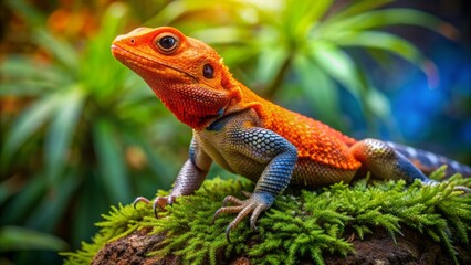 A vibrant orange agama lizard perches on a moss-covered rock, its scaly body glistening in the warm sunlight amidst lush greenery background.