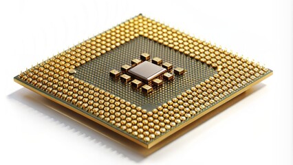 Isolated central processing unit microchip with gold contacts and tiny circuits on a pure white background, showcasing technological advancement.