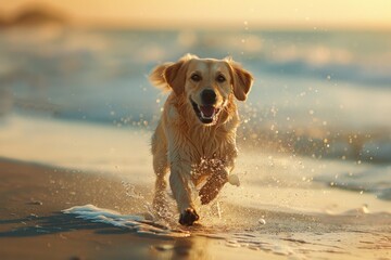 Golden Retriever enjoying a fun day at the beach running in the water and playing on the sand on a sunny summer day