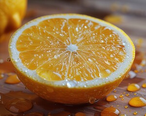 Vibrant Macro Shot of Fresh Lemon Slice with Glistening Juice Droplets, Textured Citrus Fruit Close-up