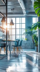Fototapeta premium Beautiful background of modern office interior in gray and blue tones with panorama, corporate culture, office environment, business, no one, vacation, vacation, HD wallpaper, background, generated by