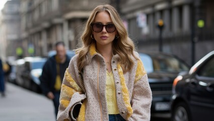 Obraz premium A woman in yellow shirt and sunglasses walking down a city street, AI
