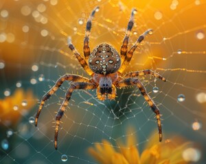 Fototapeta premium Intricate Nature's Artistry: Macro Shot of Dew-Kissed Spider Weaving Its Web at Sunrise
