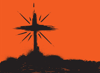 Black Christian cross symbol standing over splattered and splattered paint on orange background