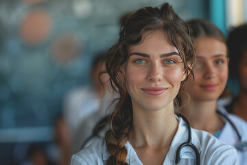 Fototapeta premium Photograph of a woman doctor, nurse, portrait shot smiling cheerfully, standing front row in class.