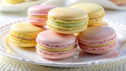 Obraz premium Delicate, chewy French dessert macaroons in soft pastel yellow and pink hues, artfully arranged on a white porcelain plate.