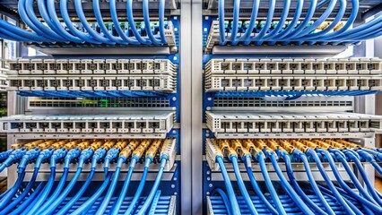 Neatly organized and color-coded network cables, RJ45 connectors, and switches mounted on a sleek data center equipment rack, networking hub.
