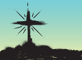 Black symbol of Christian cross standing over splattered and splattered paint on blue background