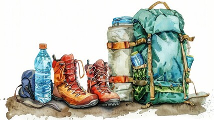 Watercolor illustration of hiking gear including a backpack, boots, water bottle, and camping essentials, ideal for outdoor adventures.