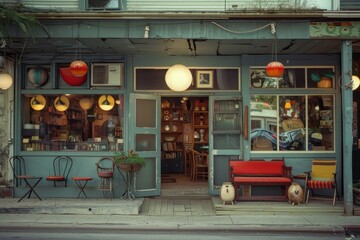 Retro Shop Front with Vintage Decor and Red Bench