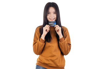 Young Asian woman showing, presenting credit card for online payment isolated on white background with clipping path.