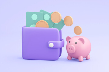 A detailed 3D render depicting essential tools for saving money with elements of a piggy bank, wallet, coins, and banknotes