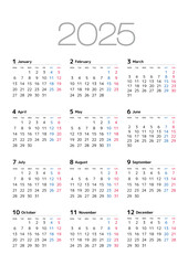2025年の年間カレンダー月曜始まり日本の祝日表記は無し

