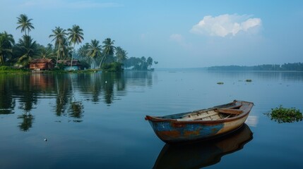 Obraz premium Tranquil Lake Scene with a Lone Rowboat