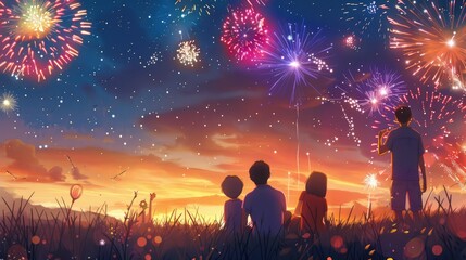 Fototapeta premium Cartoon family watching fireworks on a summer night, with colorful bursts lighting up the sky.