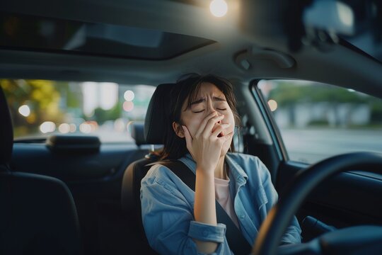 A woman feeling sleepy while driving.