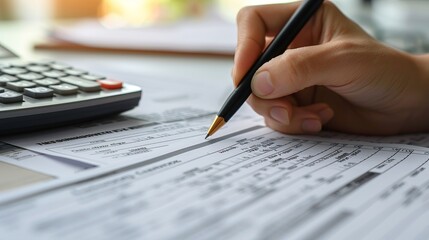 Person Filling Out Tax Form With Pen and Calculator