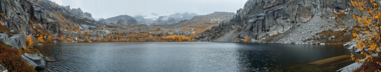 High-Resolution AI-Generated Wallpaper of Rocky Mountain Lake in Beautiful Autumn Scenery with Towering Cliffs and Clear Dark Waters, Reflecting Nature's Seasonal Changes,No one, vacation, vacation, h