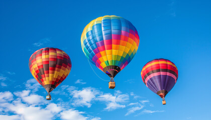 Fototapeta premium Three colorful bright hot air balloons with the colors of the rainbow fly into the glowing sky.