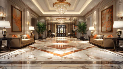 Luxury lobby interior With crystal lamp, big hall, marble floor, French sash, mosaic tile, comfortable sofa, etc.