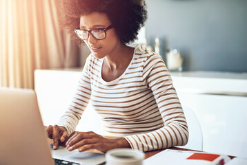 Laptop, typing and woman in office for research on demographic survey for blog project. Reading,...