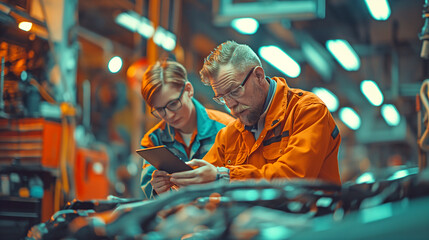 Fototapeta premium Mechanics in uniform and glasses working on a car in a garage. The car is in the foreground. The mechanic is holding a tablet. 