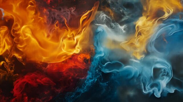 Abstract interaction of elemental forces. Fire, water, air, and earth, intertwining and clashing