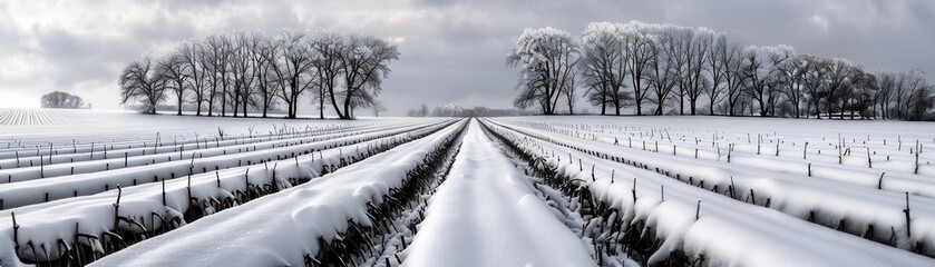 Fototapeta premium Winter landscape with frost-covered crops and bare trees