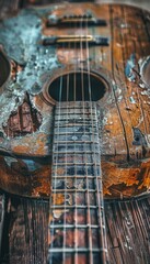 Obraz premium Vintage Acoustic Guitar with Worn Out Strings on Rustic Wooden Table for Music-Themed Designs