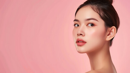 Naklejka premium Close-up portrait of a young Asian woman with flawless skin, natural makeup, and captivating eyes on pink background