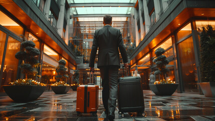 Rear view of businessman arriving the hotel with his luggage with female concierge standing in background for welcoming.