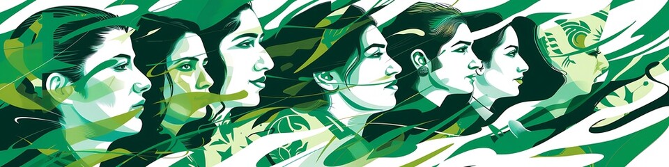 An abstract green and white illustration showcasing the diverse faces of Pakistan, each reflecting the spirit of independence.