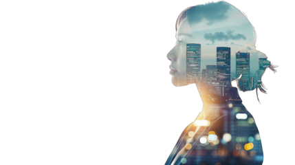 Double exposure of portrait office business workers and building architecture cityscape. creation city concept. Transparent background or PNG file.