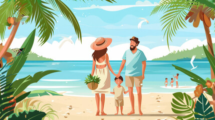 Family vacation beach setting in sunny day flat design illustration