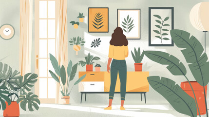 Fresh start woman decorating her room flat design