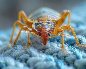Detailed Macro Shot of Bed Bug Crawling on Mattress Seam, Showing Textured Body and Legs