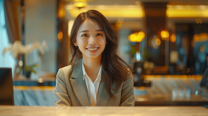 Welcome to the hotel, Happy young Asian woman hotel receptionist worker smiling standing, she taking telephone call at a Modern luxury reception counter waiting for guests getting key card in hotel