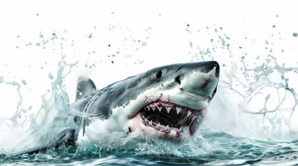 Fototapeta premium Great white shark on white background : Close up shot. AI Generative.