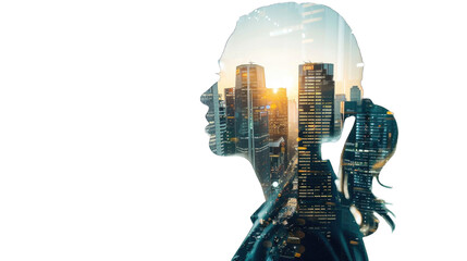 Double exposure of portrait office business workers and building architecture cityscape. creation city concept. Transparent background or PNG file.