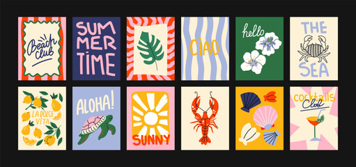 Abstract summer posters in a cartoon style. Decor on the wall, bright banners of summer, relaxation and rest in the minimalist style of Matisse. Decor of wallpaper, walls and postcards © Limpreom