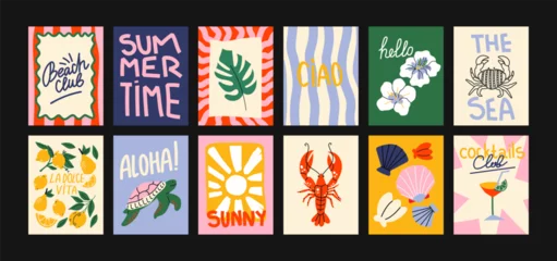 Fotobehang Vintage Poster Abstract summer posters in a cartoon style. Decor on the wall, bright banners of summer, relaxation and rest in the minimalist style of Matisse. Decor of wallpaper, walls and postcards  © Limpreom