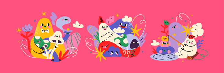 Cartoon abstract characters, doodle illustration. Bright maskot blot cute geometric shapes in retro hippie style 90s. For children's books, sites, stickers