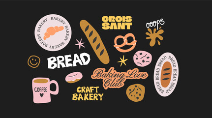 Stickers of bakery and coffee shops. Minimalistic labels fresh pastries and hot drinks in a cartoon style. Trendy badges and vintage logos 90s