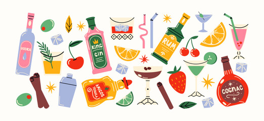 Cartoon cocktails in glass jars and glasses, a set of alcoholic drinks. Retro cans of refreshing drinks with ice for party. cocktail ingredients. trending doodle stickers