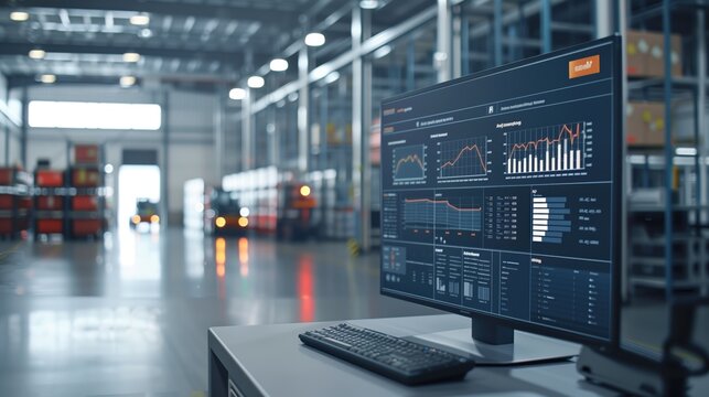 Inventory Management Dashboard in Factory. Factory inventory management dashboard displaying detailed charts and graphs, showcasing operational efficiency and stock levels in a high-tech environment.