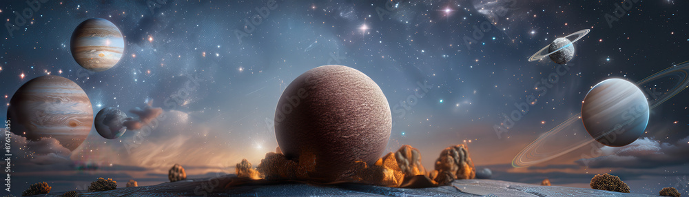 Sticker a space scene with a large planet in the middle