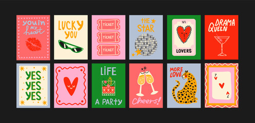 Naklejka premium Abstract posters in a minimalist style.Wall decor, trendy banners of summer, fruits, cocktails, disco, animals in the cartoon style of Matisse. Decor of wallpaper, walls, print and postcards